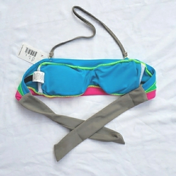 NWT ABS Allen Schwartz Neon Pink Blue Bandeau Strapless Bikini Top - Picture 6 of 8